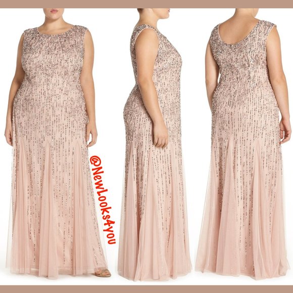 NWT Adrianna Papell Pearl Beaded A-Line Godet Gown in Blush [PLUS‎ 14W ]
